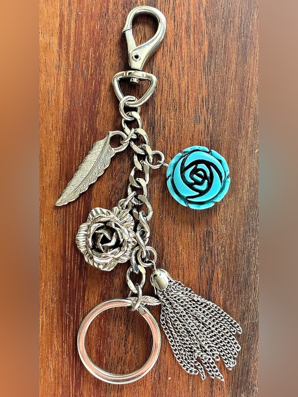 Liz Claiborne Floral Charm Keychain in Silver Tone & Blue Tassel Purse Fob